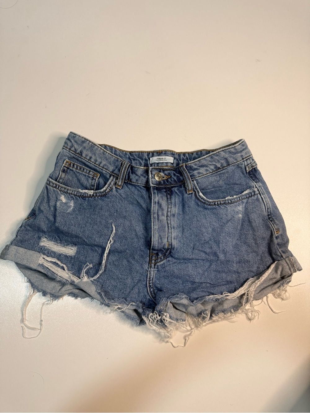 Forever 21 Light Blue Distressed Rolled Hem Jean Shorts